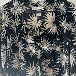 Simon Chang Black Blouse with Cream Palm-Print and Iridescent Accents